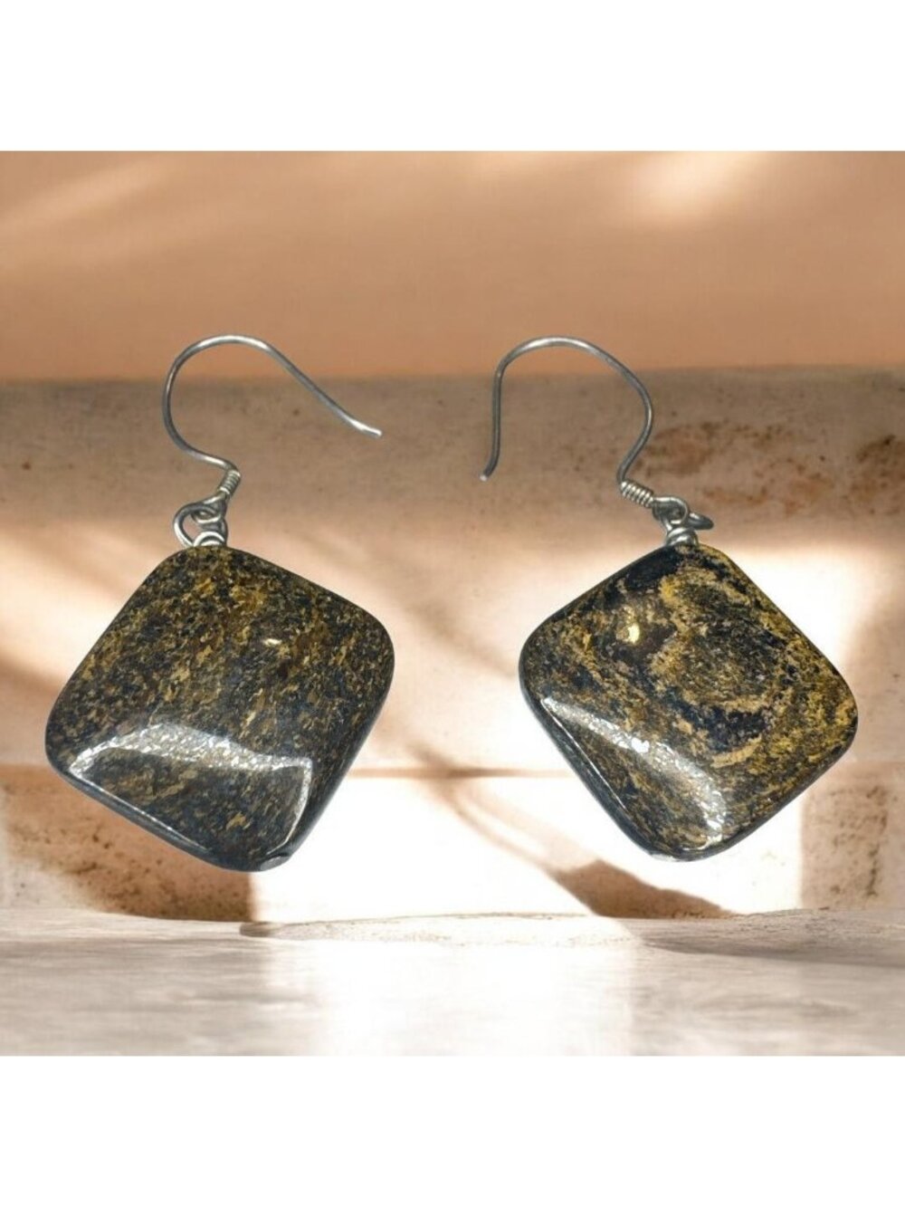 Square Brown Marbled Stone Earrings • Polished Gemstone Look • Silver Hook Boho